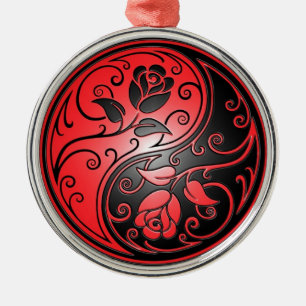 Yin Yang Roses, red and black Metal Ornament