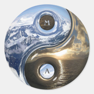 Yin Yang Sea Mountains With Your Monogram Classic Round Sticker