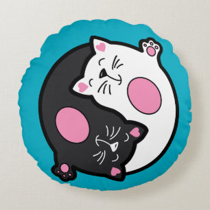 Yin Yang Sleeping Cats In Black And White  Round Pillow
