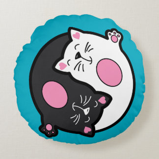 Yin Yang Sleeping Cats In Black And White  Round Pillow