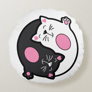 Yin Yang Sleeping Cats In Black And White  Round Pillow