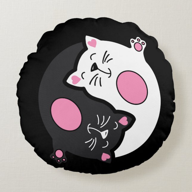 Yin Yang Sleeping Cats In Black And White  Round Pillow (Front)