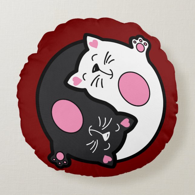 Yin Yang Sleeping Cats In Black And White  Round Pillow (Front)
