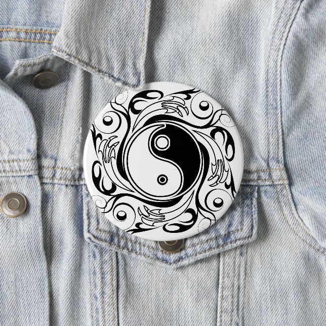 Yin & Yang Symbol Black and White Tattoo Style 4 Inch Round Button (In Situ)