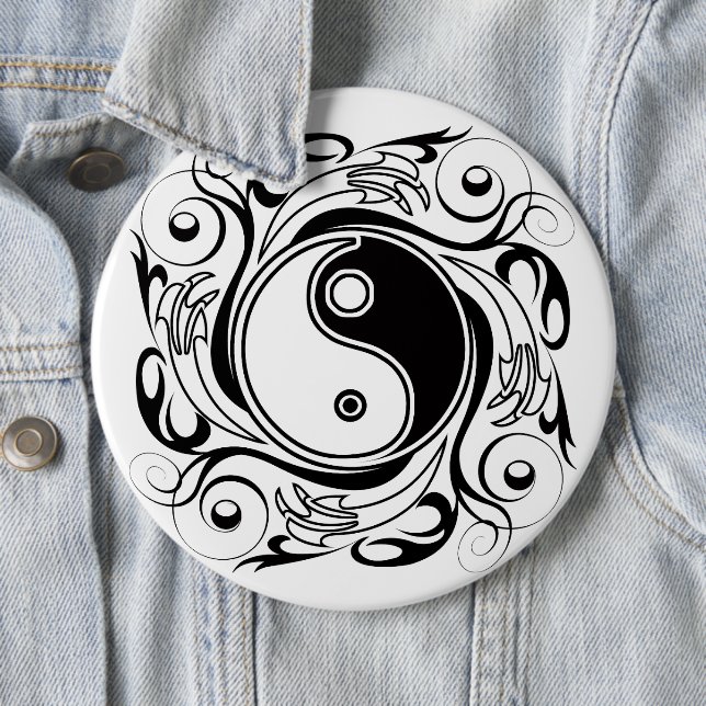 Yin & Yang Symbol Black and White Tattoo Style 6 Inch Round Button (In Situ)