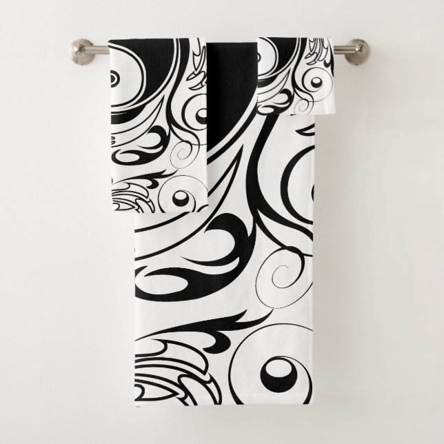 Yin & Yang Symbol Black and White Tattoo Style Bath Towel Set (Insitu)