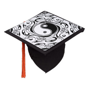 Yin & Yang Symbol Black and White Tattoo Style Graduation Cap Topper