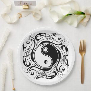 Yin & Yang Symbol Black and White Tattoo Style Paper Plate
