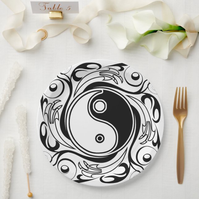 Yin & Yang Symbol Black and White Tattoo Style Paper Plate (Wedding)