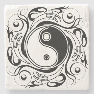 Yin & Yang Symbol Black and White Tattoo Style Stone Coaster