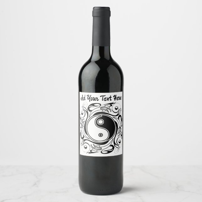 Yin & Yang Symbol Black and White Tattoo Style Wine Label (Front)