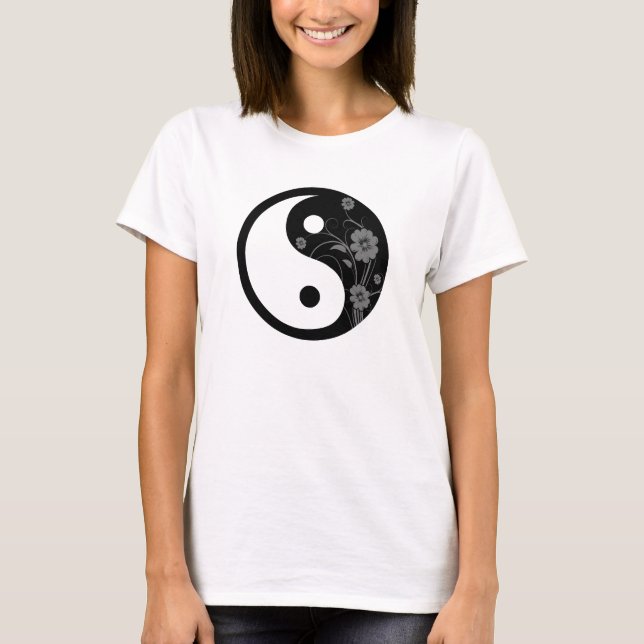 Yin Yang Symbol Black Floral T-Shirt (Front)