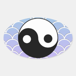 Yin Yang Symbol on Wave Background Oval Sticker