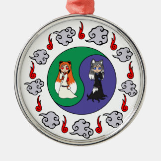 Yin & Yang The Cute Kitsune Sisters (Fox Girls) Metal Ornament