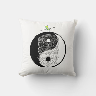 Yin Yang Tiki Warrior Mask Throw Pillow