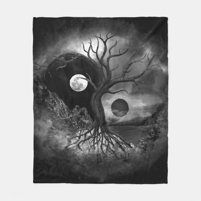 Yin Yang Tree Landscape Black and White Fleece Blanket (Front)