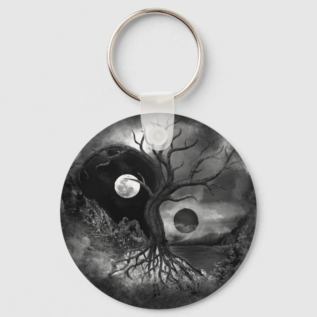 Yin Yang Tree Landscape Black and White Keychain (Front)