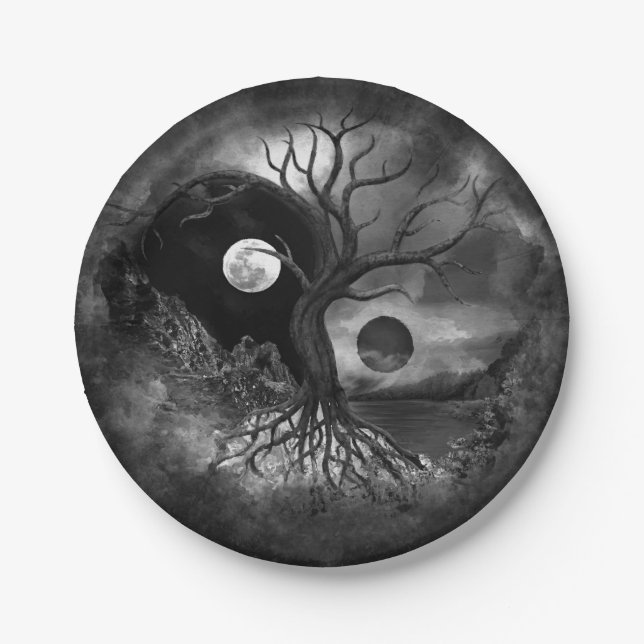 Yin Yang Tree Landscape Black and White Paper Plate (Front)