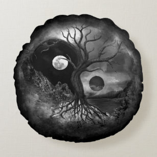 Yin Yang Tree Landscape Black and White Round Pillow