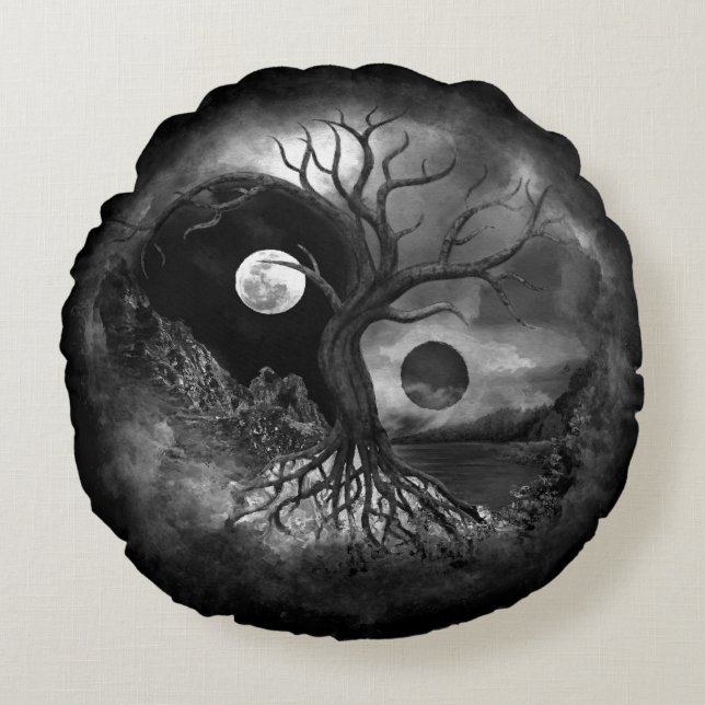 Yin Yang Tree Landscape Black and White Round Pillow (Front)