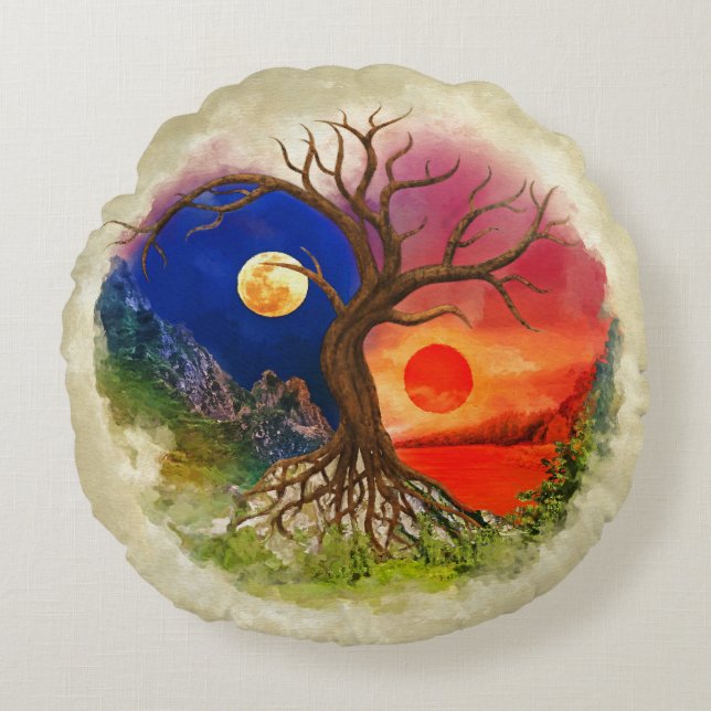 Yin Yang Tree Landscape Round Pillow (Front)