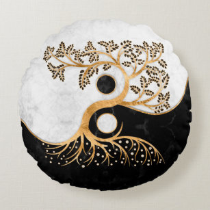 Yin Yang Tree - Marbles and Gold Round Pillow