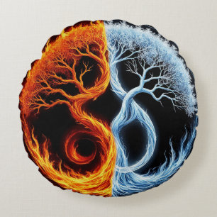 Yin Yang Tree Motif Representing Balance of Fire Round Pillow