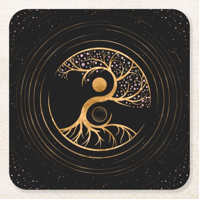 Yin Yang Tree of life - Fluorite and Gold Square Paper Coaster (Front)