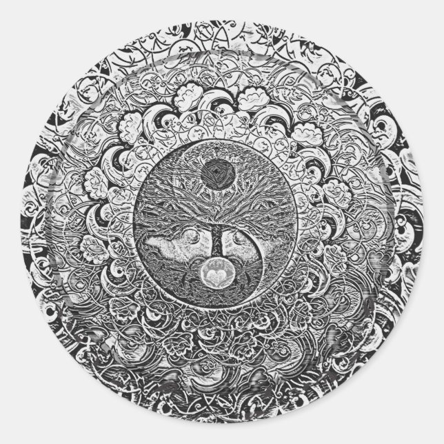 Yin Yang Tree of Life in Silver and Chrome Classic Round Sticker (Front)