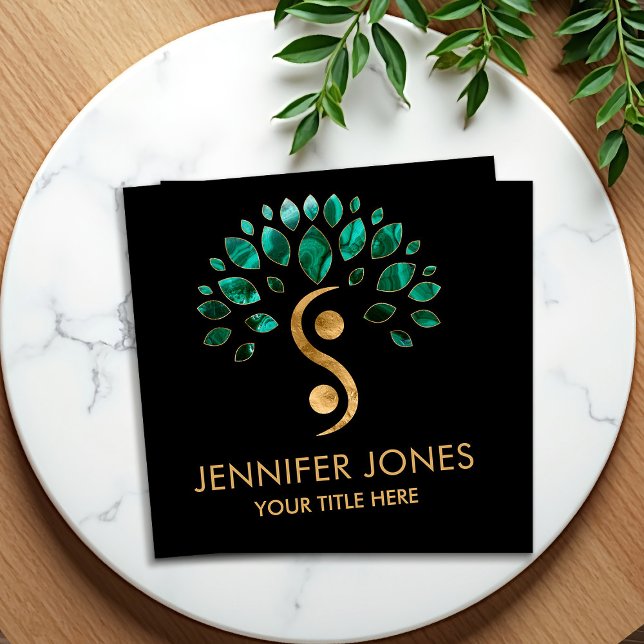 Yin Yang tree of life - Malachite leaves and Gold Square Business Card (Creator Uploaded)