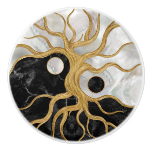 Yin Yang Tree of life - Marbles and Gold Ceramic Knob