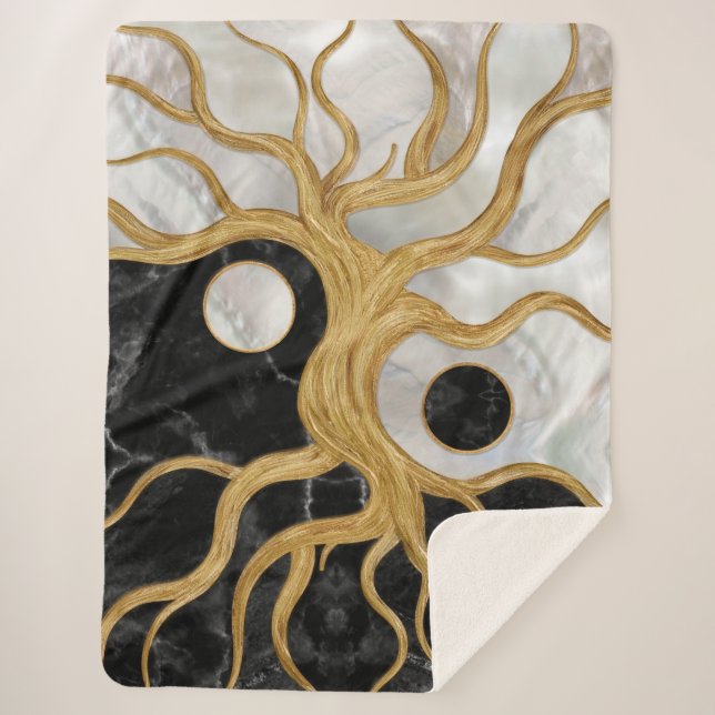 Yin Yang Tree of life - Marbles and Gold Sherpa Blanket (Front)