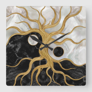 Yin Yang Tree of life - Marbles and Gold Square Wall Clock