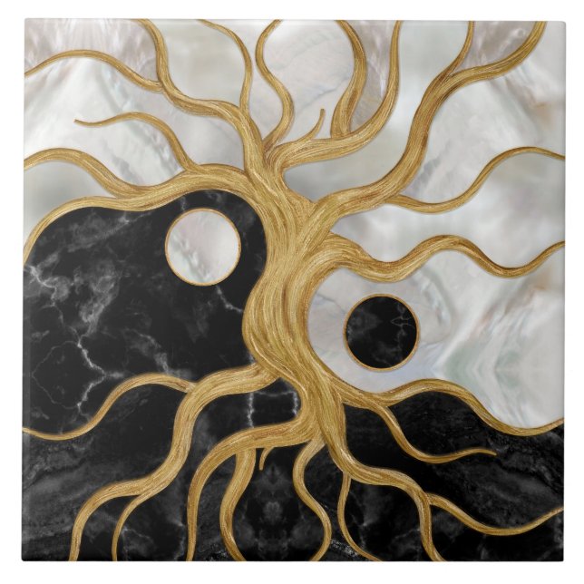 Yin Yang Tree of life - Marbles and Gold Tile (Front)