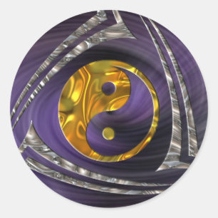 Yin & Yang / Tribal - gold silver violet spiral Classic Round Sticker