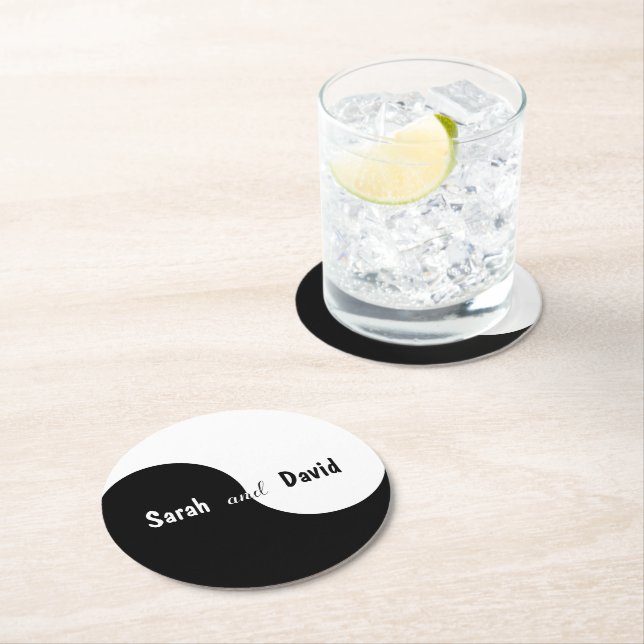 Yin Yang Wedding Simple Black White Bride & Groom  Round Paper Coaster (Insitu)