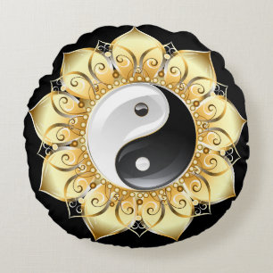 Yin Yang with gold lotus petals Round Pillow