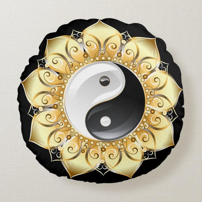 Yin Yang with gold lotus petals  Round Pillow (Front)