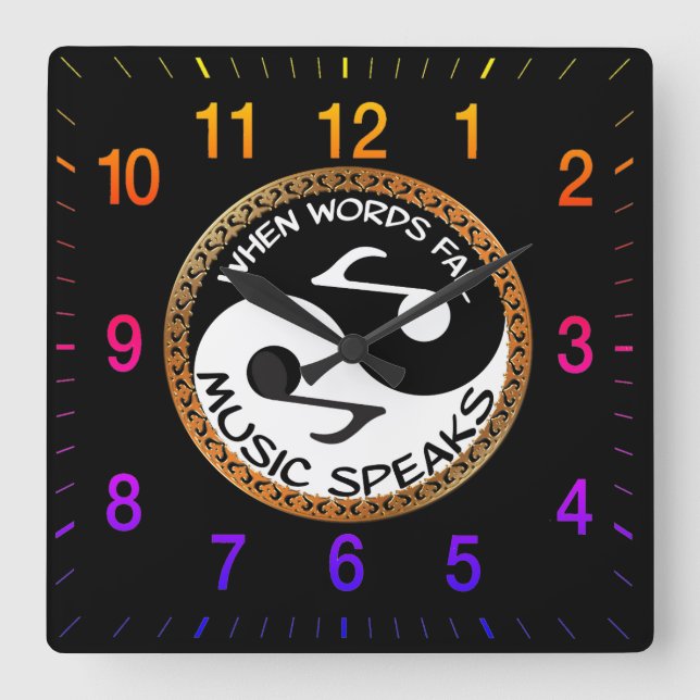Yin Yang with music words with rainbow numbers Square Wall Clock (Front)