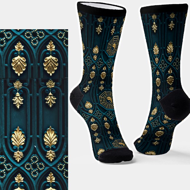 Ying Yang Asian Texture Teal Blue Gold Illusion Socks (Creator Uploaded)