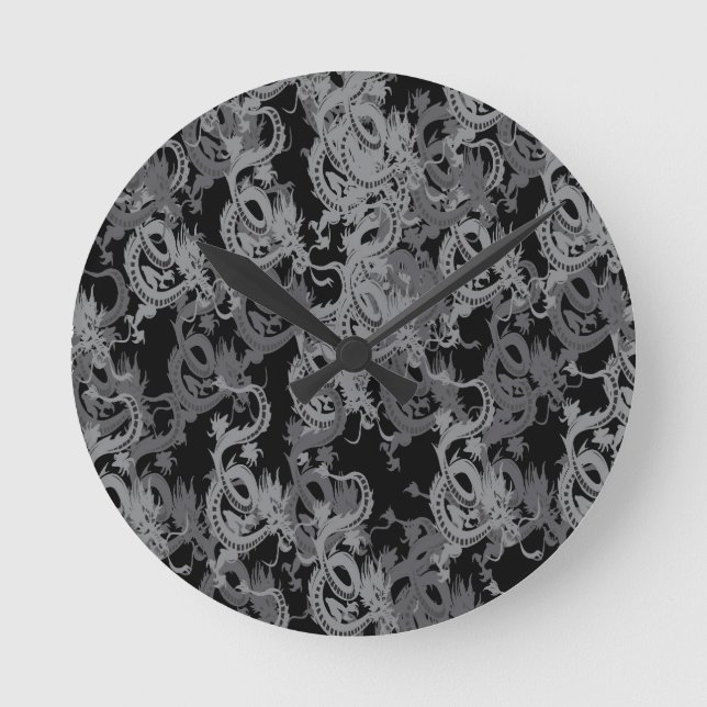Ying Yang Grey Dragons Round Clock (Front)