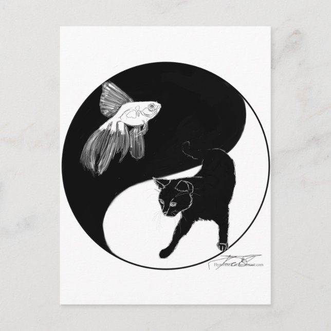 YinYang Fish and Cat - Black and White Postcard (Front)