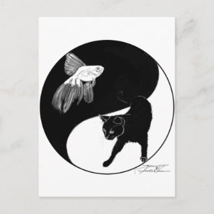 YinYang Poisson et chat - Carte postale noire et b