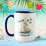Yo Ho Ho Pirate Santa Ship Captain Christmas  Mug<br><div class="desc">Ahoy! Add some humour to the holidays with this Christmas coffee mug featuring a watercolor pirate Santa with a tropical coconut drink, and a pirate ship and jolly roger with "Aargh!" and "Yo Ho Ho" captions. The bottom line of text (shown here with "Captain GG"), and the pirate ship name...</div>