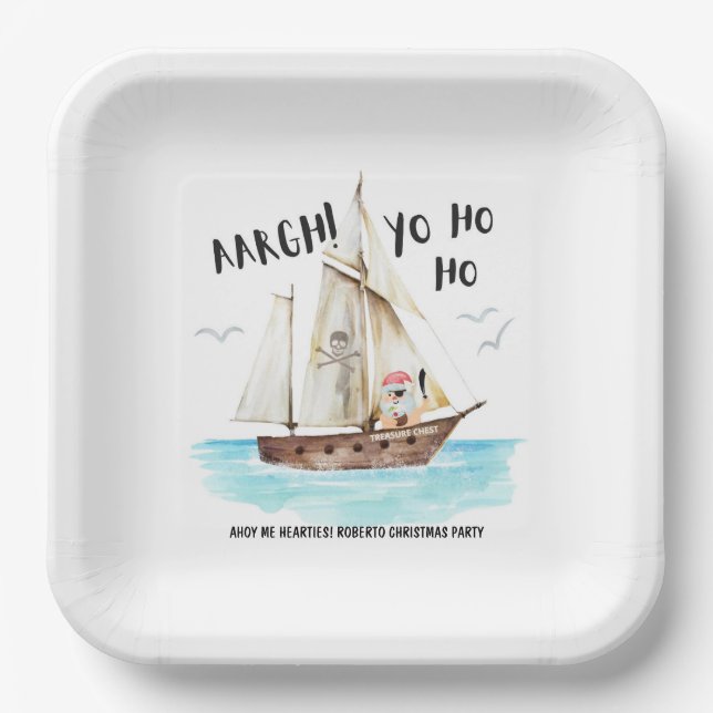Yo Ho Ho Pirate Santa Ship Christmas Paper Plate (Front)