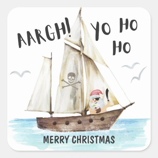 Yo Ho Ho Pirate Santa Ship Merry Christmas Square Sticker (Front)