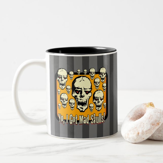Yo I Got Mad Skulls Frame Gfx Grey Stripes Two-Tone Coffee Mug (With Donut)