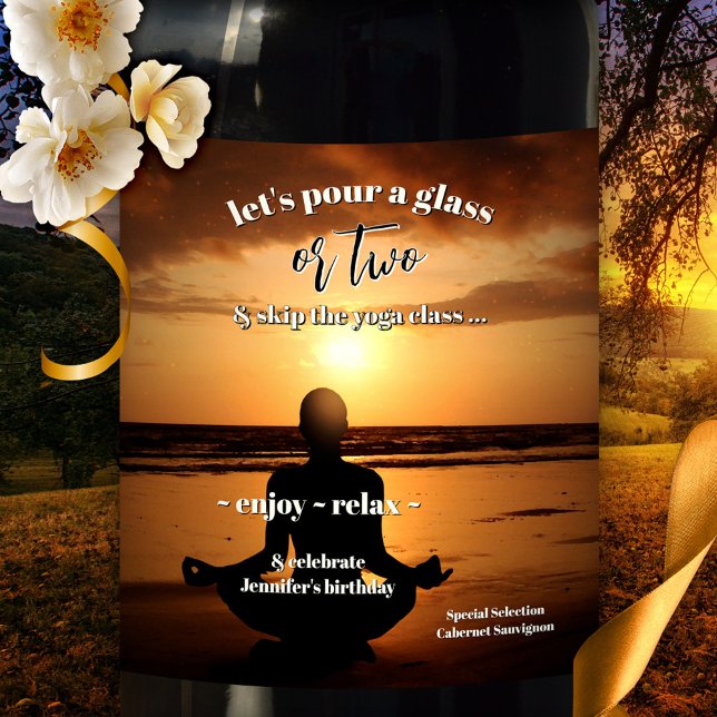 Yoga Beach Sunset Birthday Wine Label (Wine label featuring a yoga exercise at the beach at sunset, with your own (funny or other) texts)