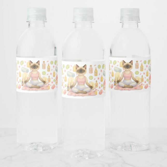 Yoga Birthday Party for Siamese Cat Lovers  Water Bottle Label (Bottles)