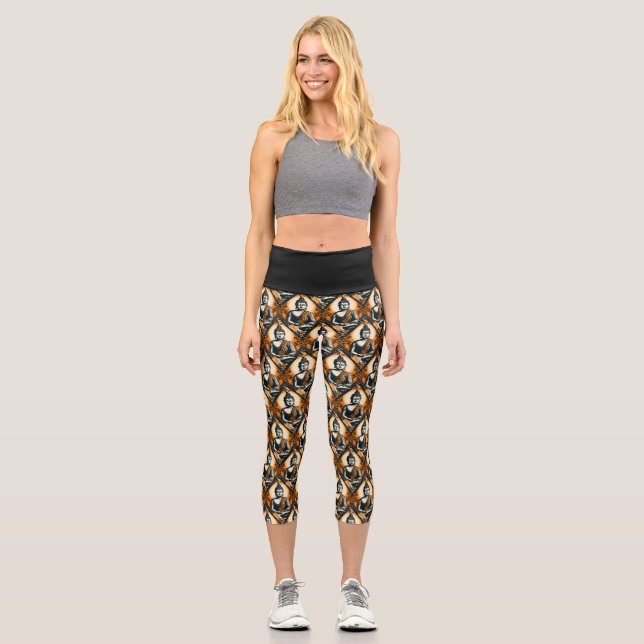Yoga Buddha in orange and black  Capri Leggings (Front)